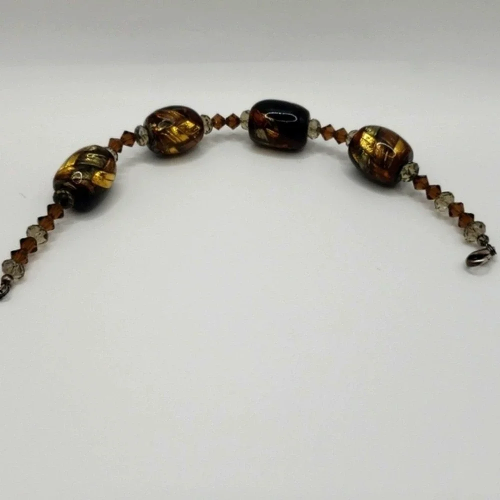 Murano Style Art Glass Bracelet Black Brown Gold Sparkle‎ Accents Beads